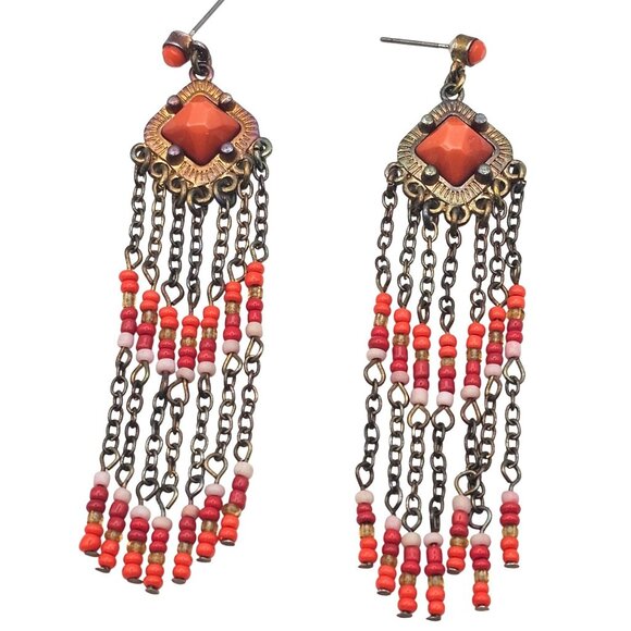 Beaded Orange Dangle Drop Brass Tone Hippie Boho Gypsy Tassel Rustic Earrings - Picture 1 of 10